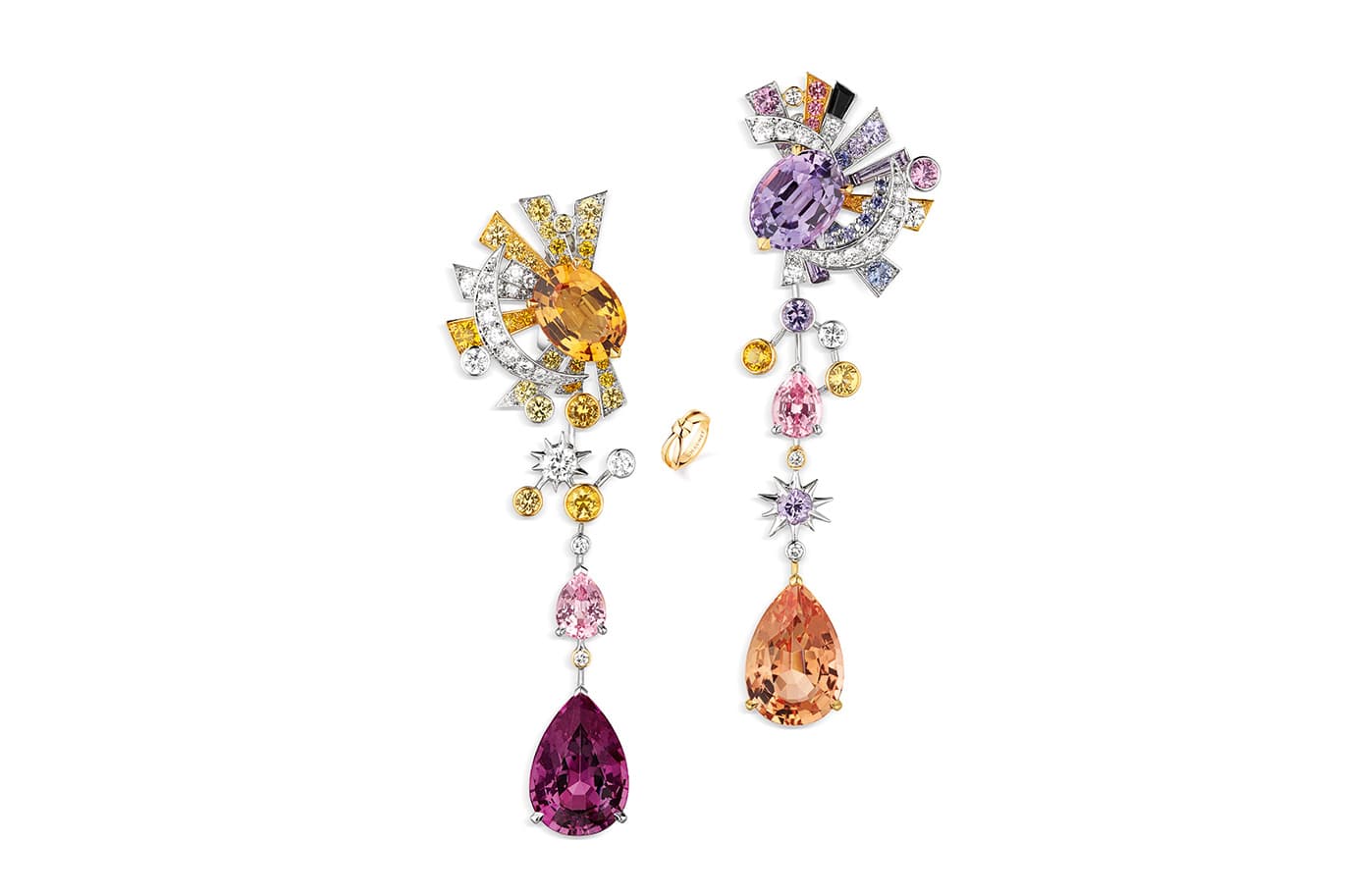  Chaumet 'Les Ciels de Chaumet' collection 'Lueurs d’orage' earrings with Imperial topaz, rhodolite garnet, sapphires, spinels, diamonds and onyx in white and yellow gold