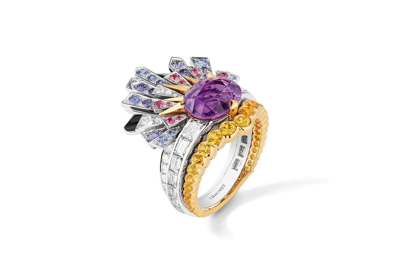  Chaumet 'Les Ciels de Chaumet' collection 'Lueurs d’orage' ring with 4.13ct Madagascan sapphire, sapphires, spinels, diamonds and onyx in white and yellow gold