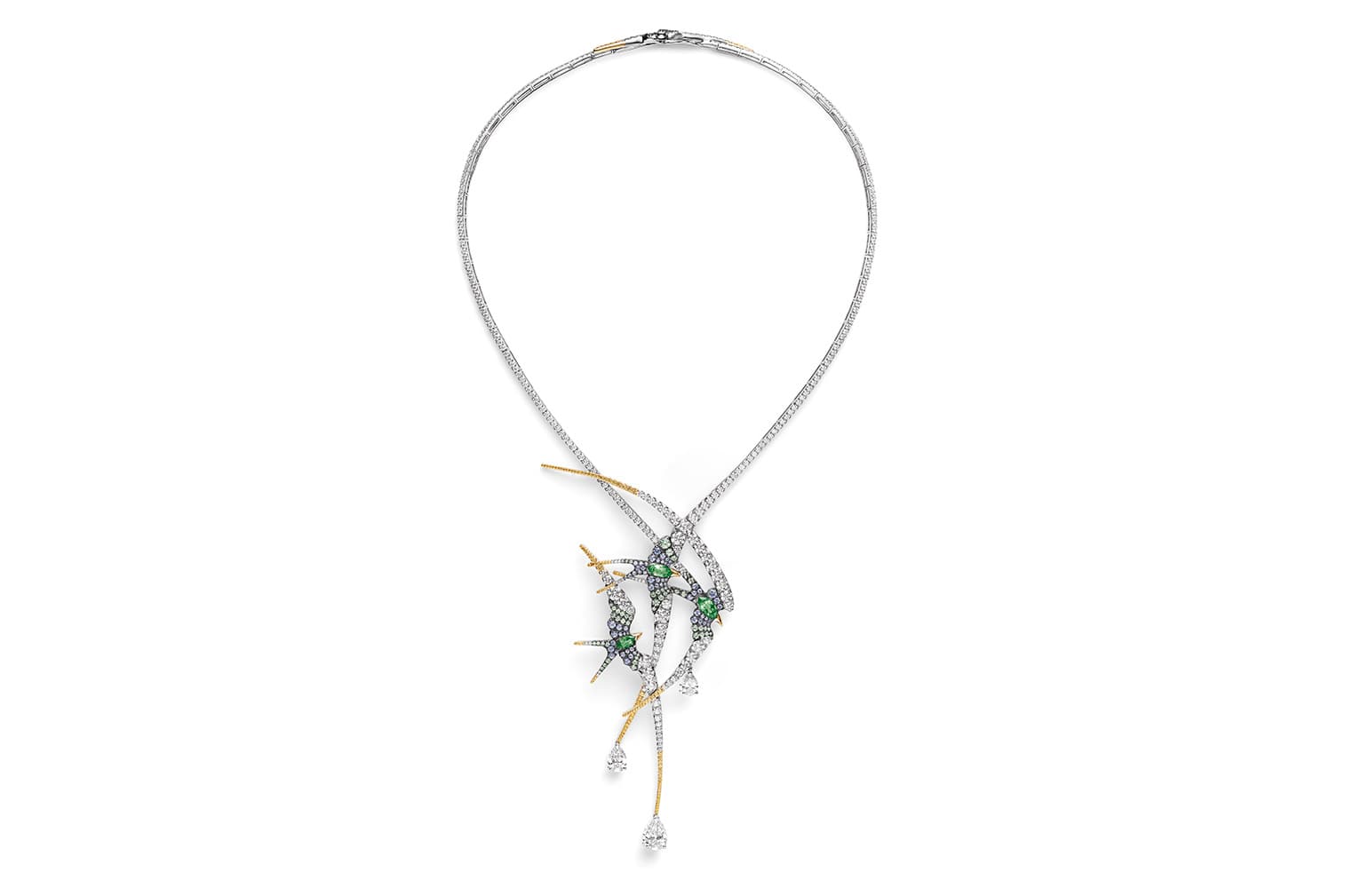 Chaumet 'Les Ciels de Chaumet' collection 'Envol' necklace with diamonds, tsavorite garnets and sapphires in white gold and yellow gold