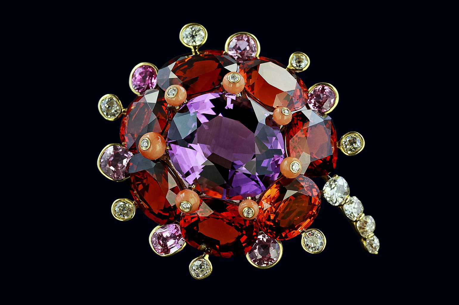  Taffin brooch with amethyst, spessartite garnet, natural Burmese pink sapphire, old mine cut diamonds, and coral in yellow gold 