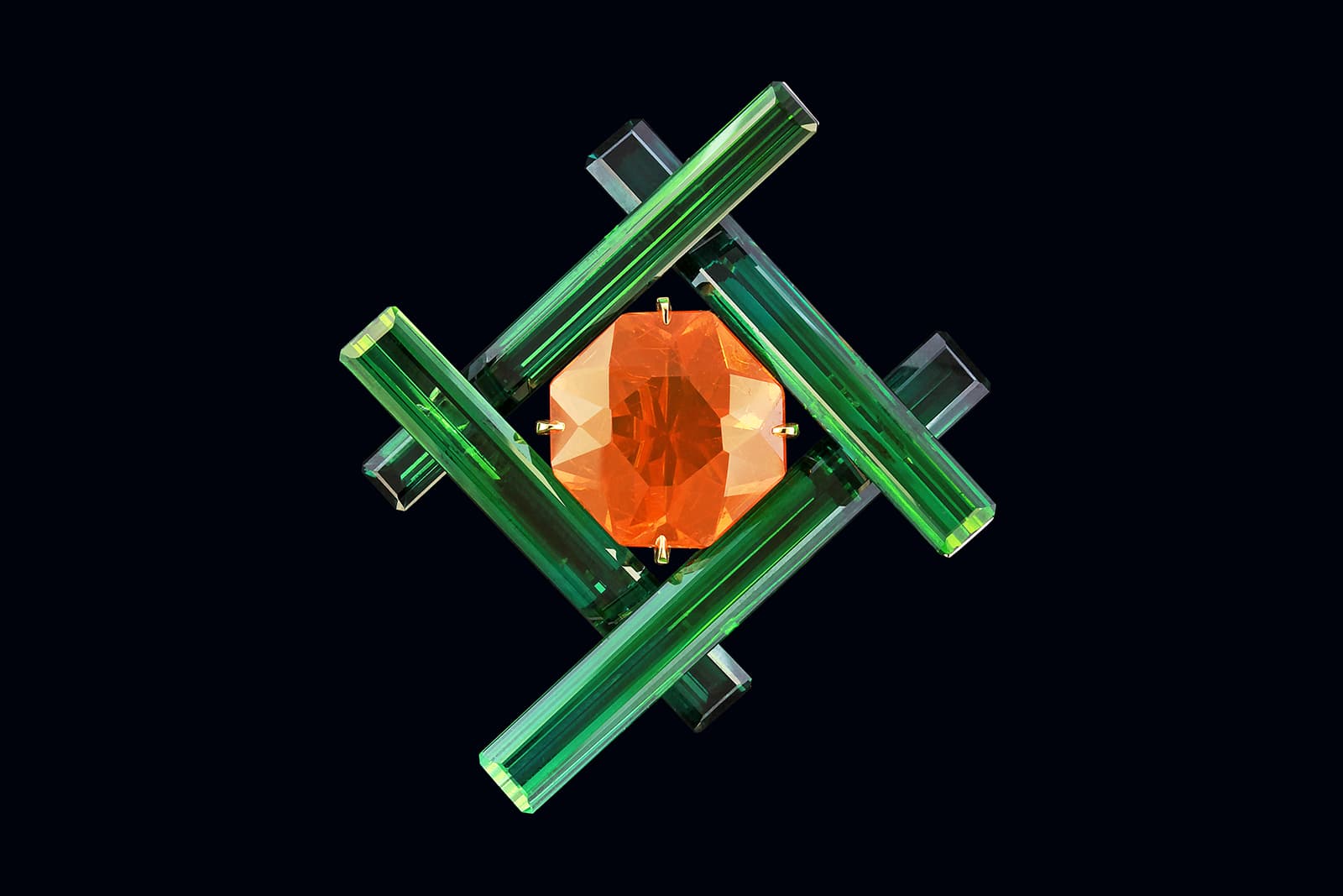  Taffin brooch with fire opal and tourmaline in platinum