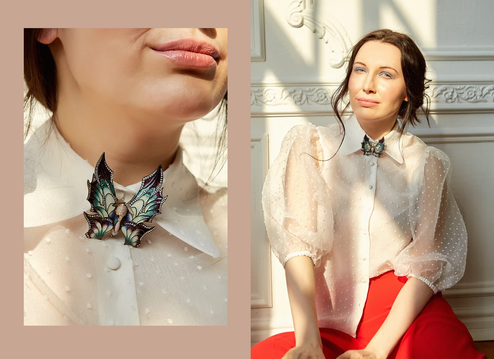 Katerina Perez wearing Ekaterina Kostrigina butterfly brooch with enamel and diamonds