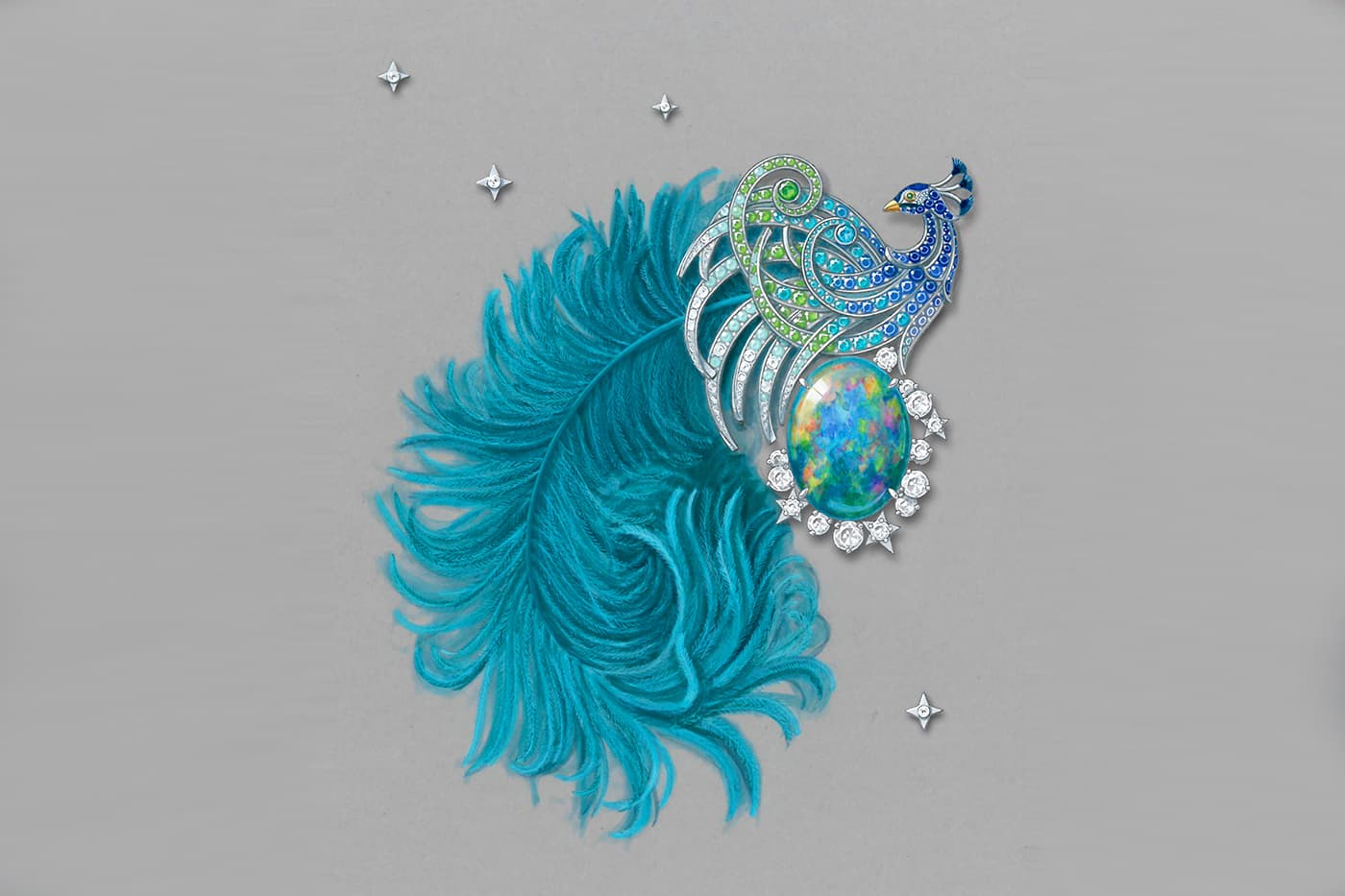 Karpov 'Paon d'Opale' brooch gouache