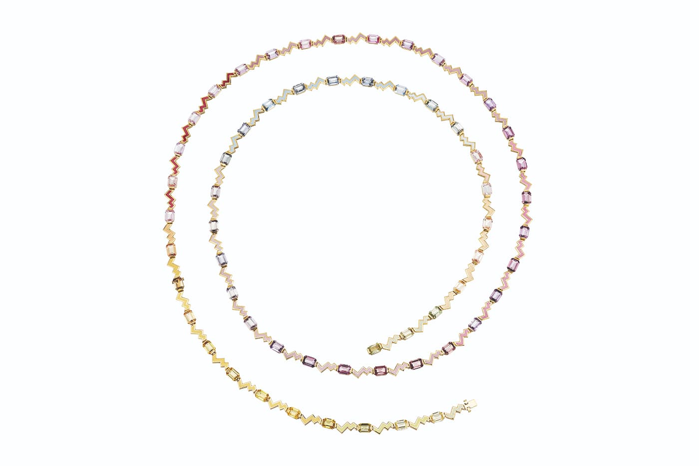 NUUN ‘El Hada’ collection ‘Thunderbolt’ necklace with 60.00ct step cut multiple fancy coloured sapphires, and multicoloured hand-painted lacquer