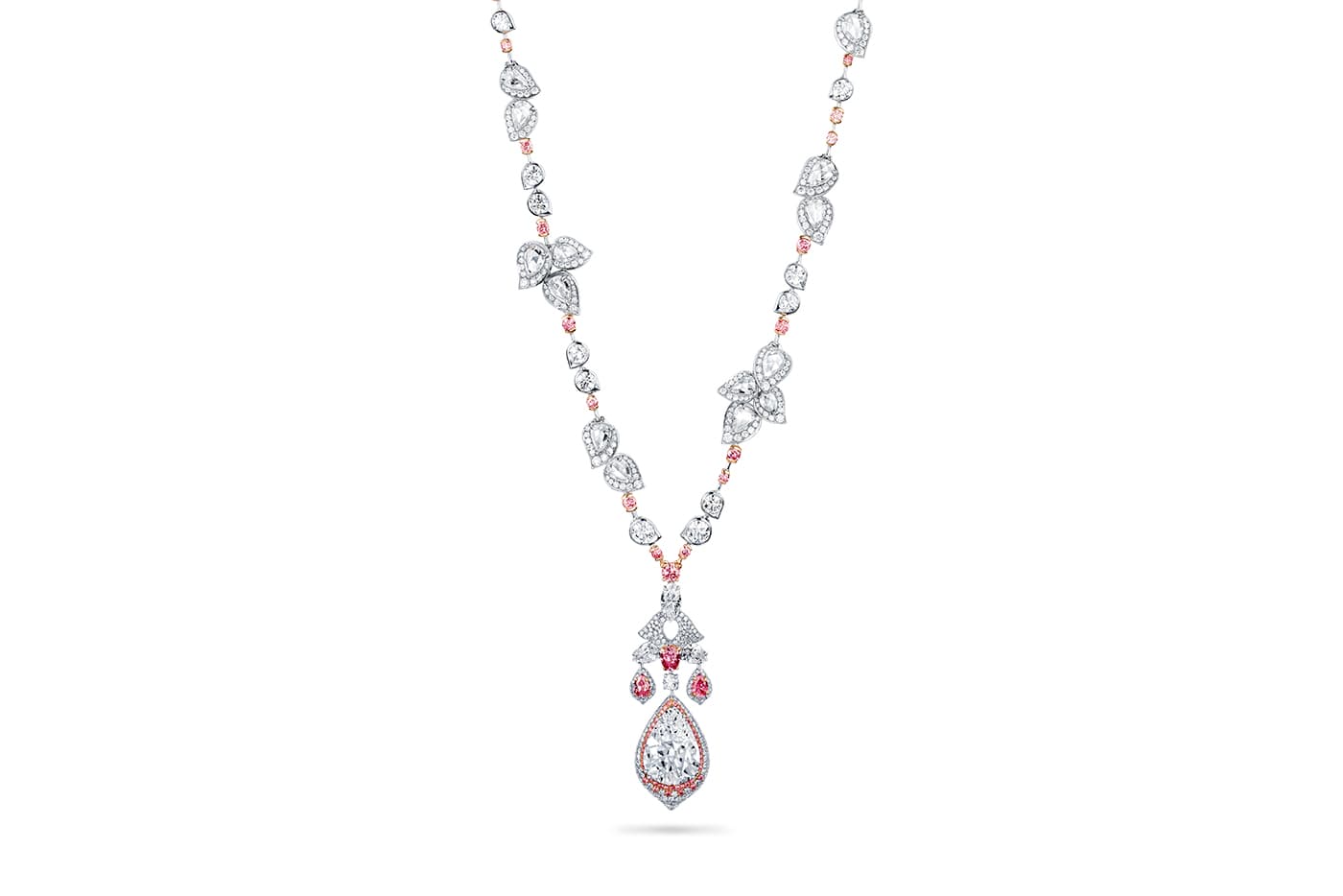 David Morris sautoir with 6.46ct G colour pear shaped colourless diamond, fancy colour pink diamonds and colourless diamonds
