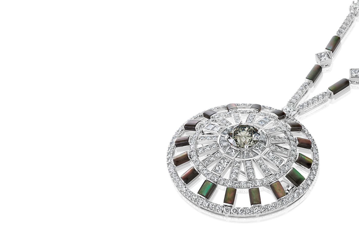  De Beers 'Portraits of Nature' collection 'Chapman’s Zebra' medallion necklace with colourless and coloured diamonds, and grey mother of pearl