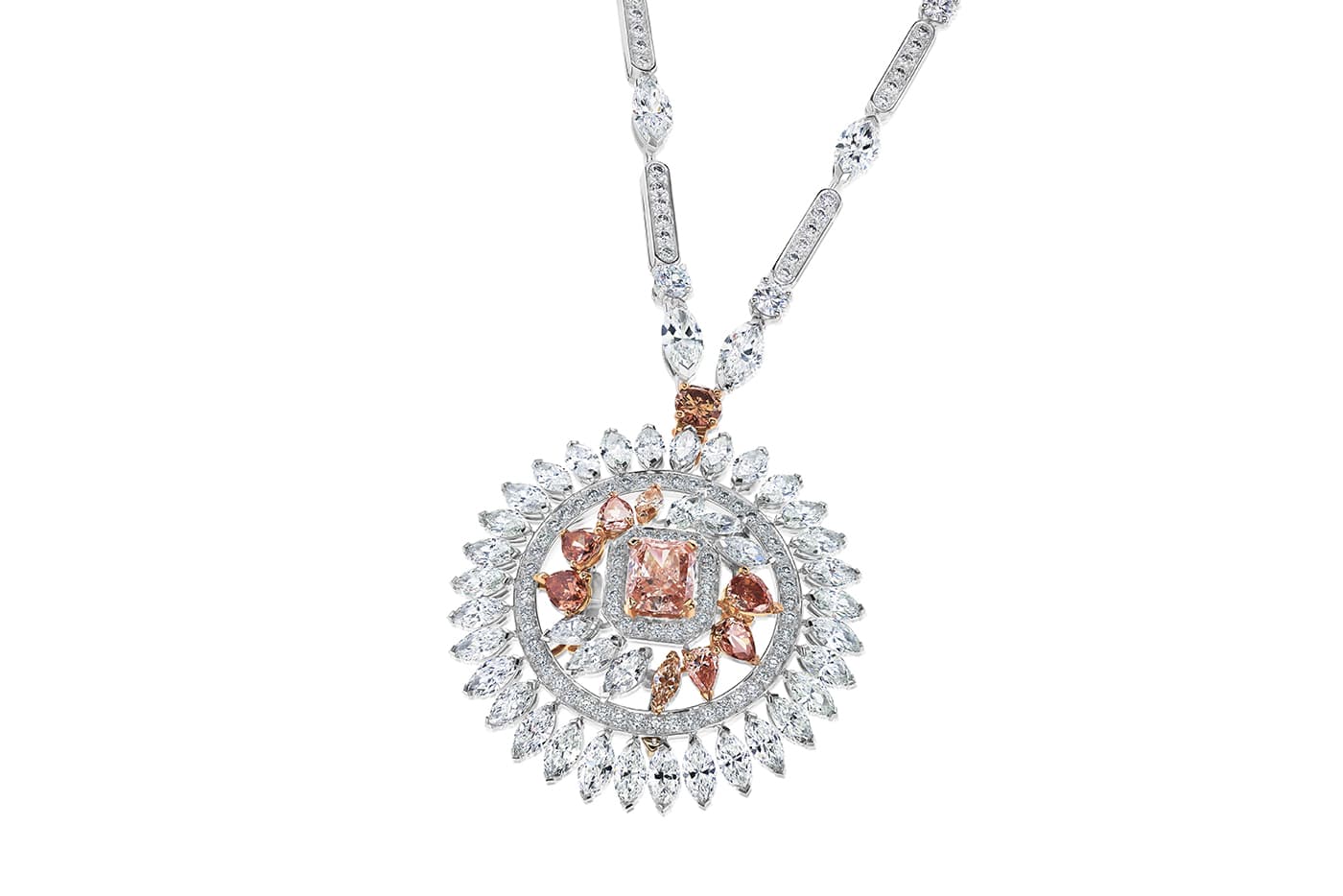  De Beers 'Portraits of Nature' collection 'Greater Flamingo' medallion necklace with colourless and fancy coloured diamonds