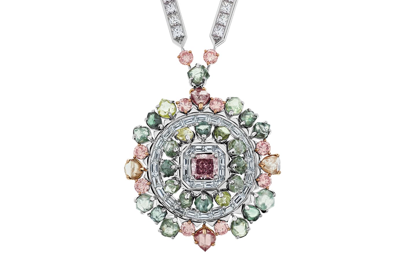 De Beers 'Portraits of Nature' collection ‘Knysna Chamelon' medallion necklace with colourless and fancy coloured diamonds