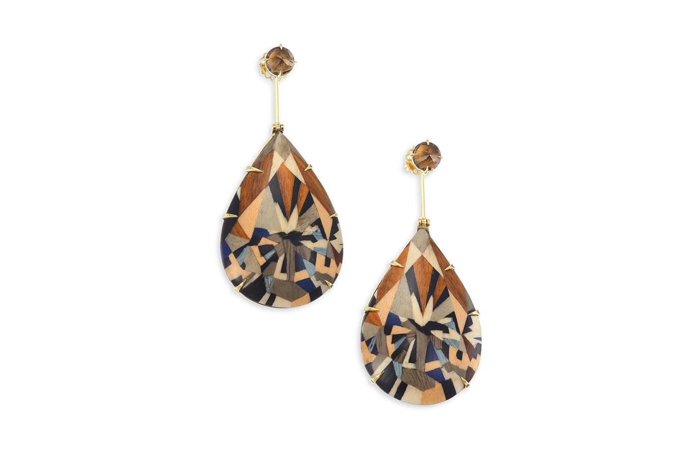  Silvia Furmanovich earrings with wooden marquetry and rock crystal in yellow gold