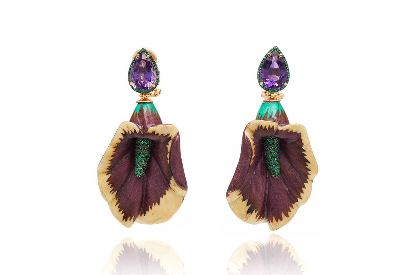  Silvia Furmanovich 'Sculptural Botanical' earrings with wooden marquetry, amethyst and tsavorite in yellow gold