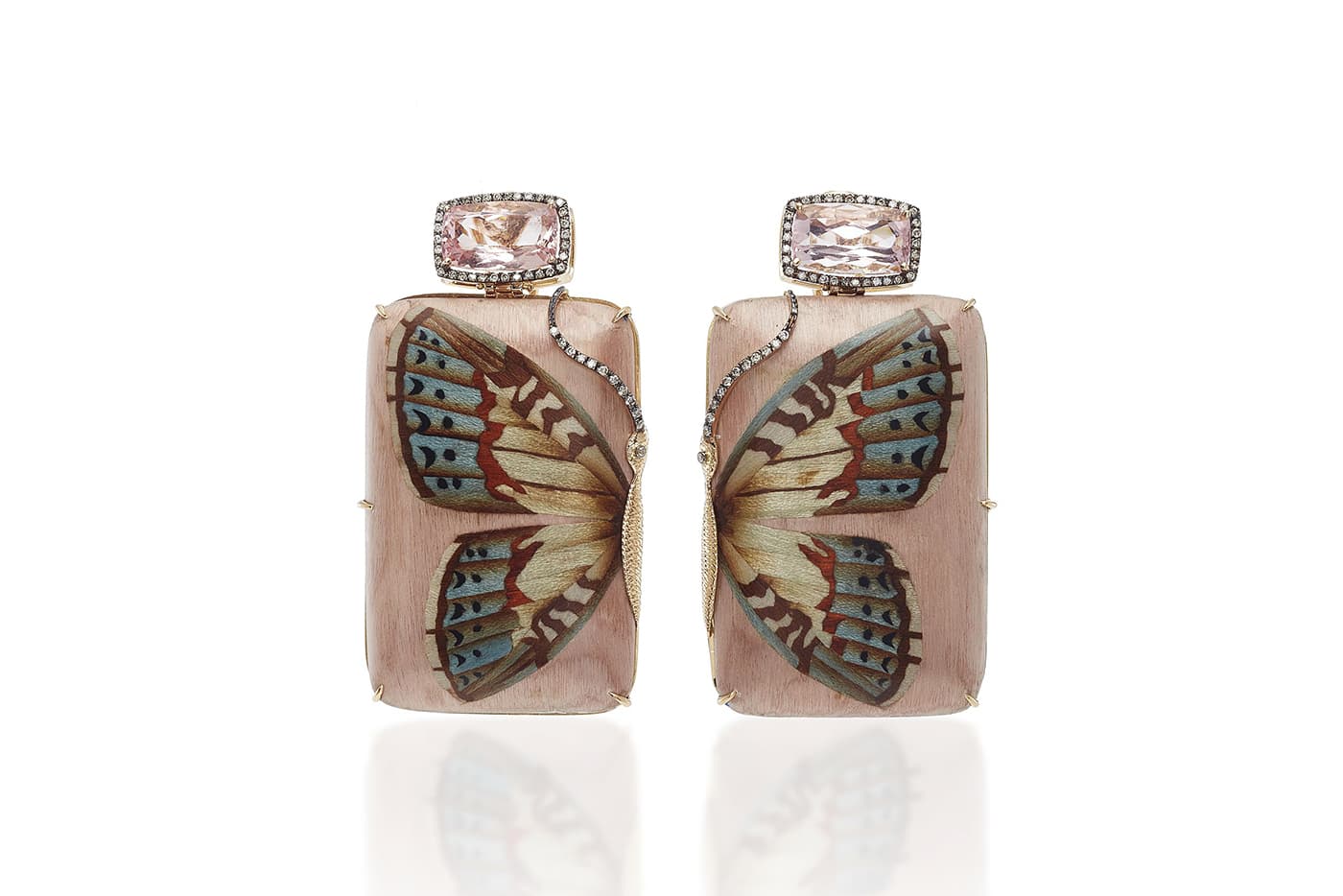 Silvia Furmanovich earrings with wooden marquetry, morganite and diamonds in yellow gold