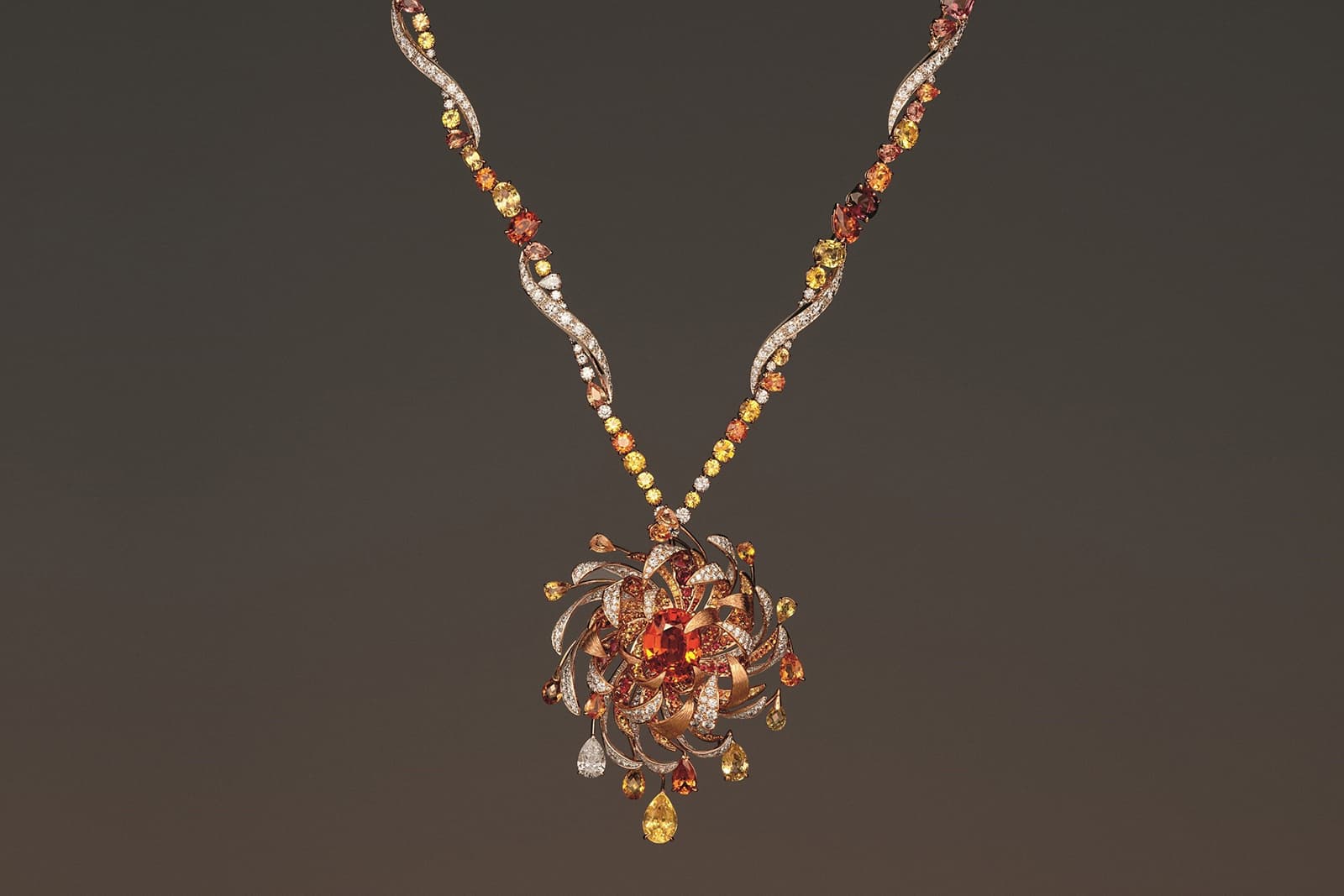 Chaumet 'Les Ciels de Chaumet' collection 'Soliel de Feu' necklace with Madagascan yellow sapphires, Ceylon padparadscha sapphires, diamonds, yellow sapphires, spinels, Mandarin garnets and orange sapphires