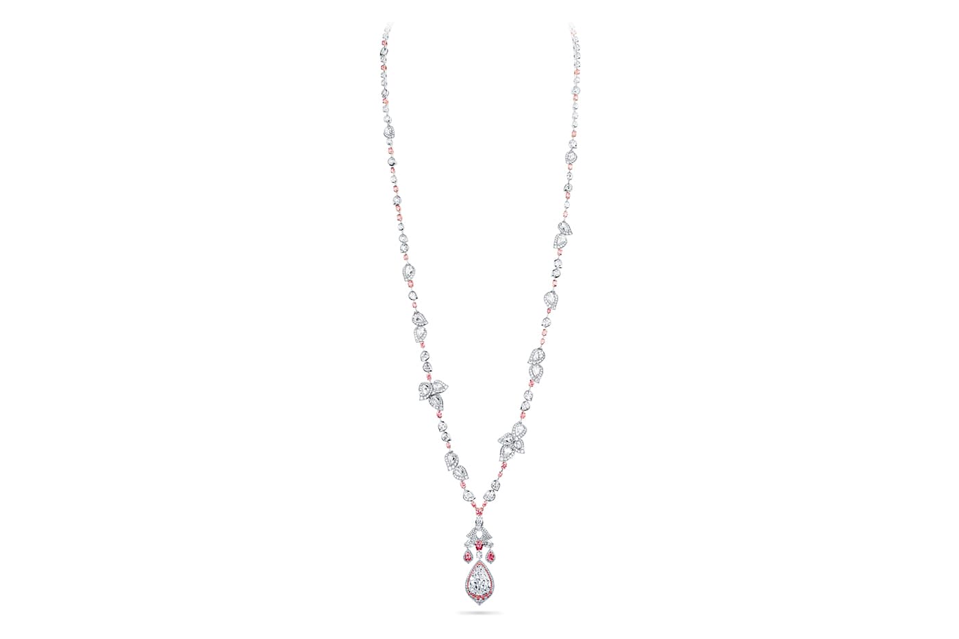  David Morris  sautoir with  6.46ct G colour pear shaped colourless diamond, fancy colour pink diamonds and colourless diamonds