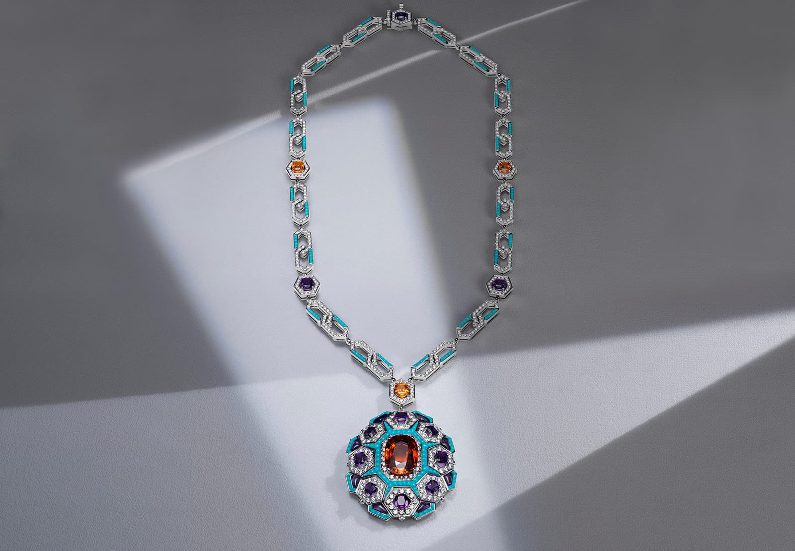 Bulgari 'Cinemagia' collection ‘Night at the Casino’ medallion necklace with 16.85ct Mandarin garnet, turquoise, amethysts and diamonds