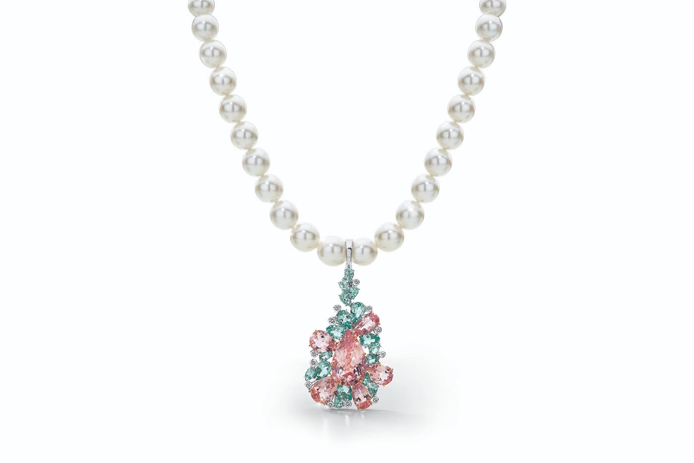  Calleija 'Couture' collection ‘Aoko’ pendant with 17.31ct morganite, green beryls, morganites and colourless diamonds in white gold (shown on pearl necklace)