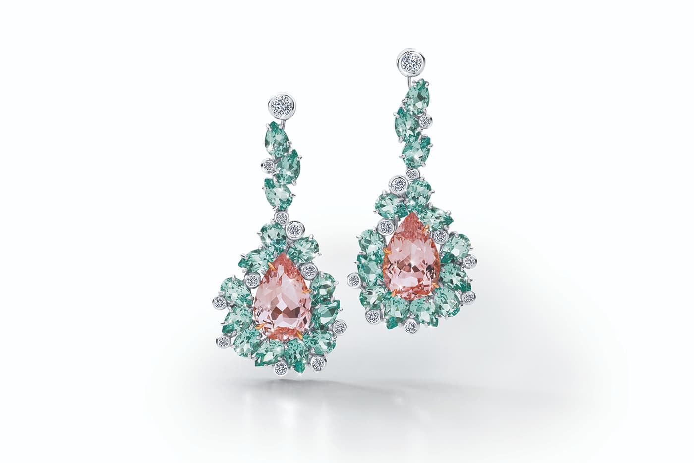  Calleija 'Couture' collection ‘Aashi’ drop earrings with pear shape morganites, diamonds and green beryls in white and rose gold