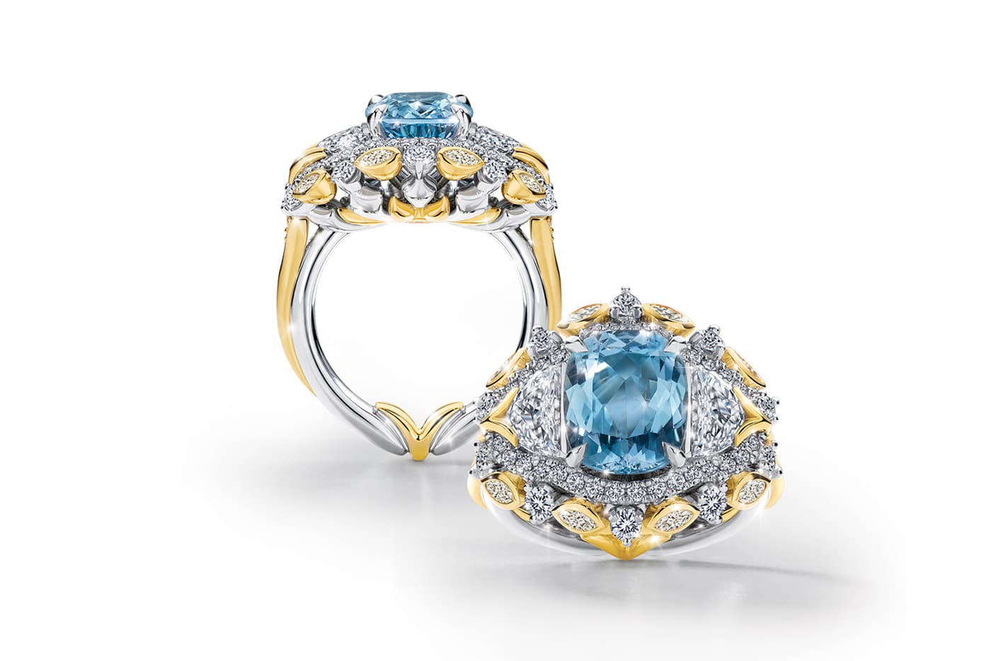  Calleija 'Couture' collection ‘Coralee’ ring with aquamarine and diamonds in white and yellow gold
