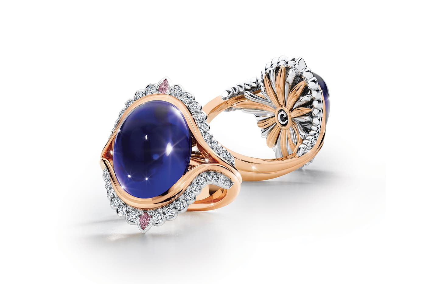  Calleija 'Couture' collection ‘Isola’ ring with 15.21ct cabochon tanzanite, pear cut Argyle pink diamonds, colourless diamonds in rose and white gold