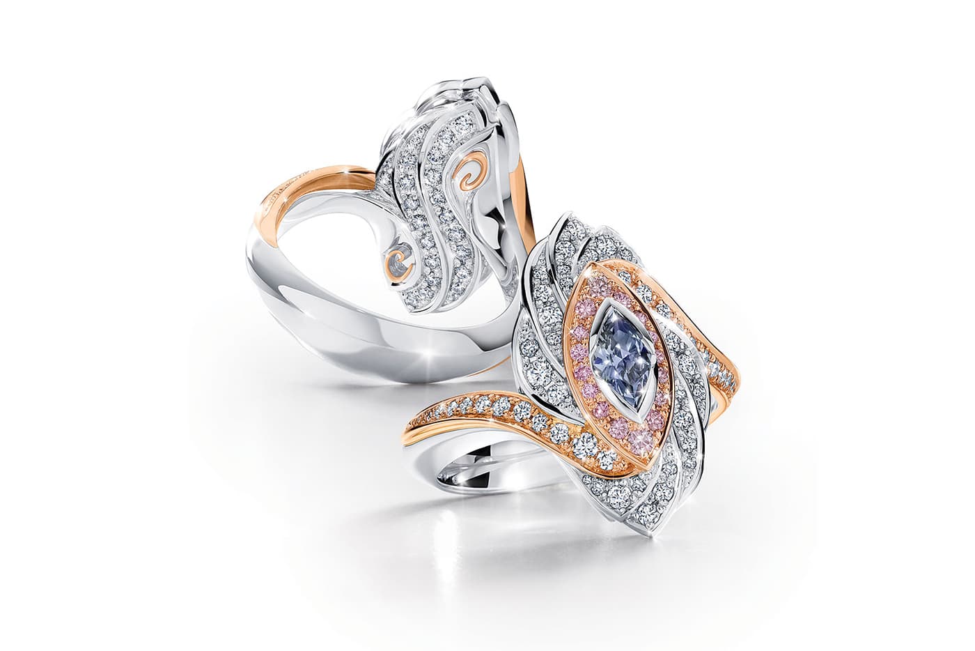  Calleija 'Couture' collection ‘Rayne’ ring with Argyle blue marquise diamond, Argyle pink diamonds and colourless diamonds in platinum and rose gold