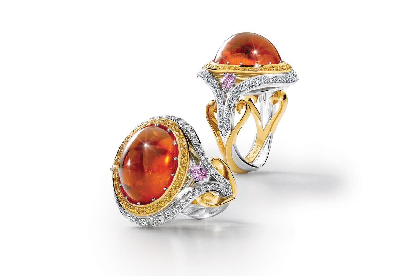 Calleija 'Couture' collection ‘Sya’ ring with 16.40ct cabochon mandarin garnet, yellow and pink sapphires and diamonds in white and yellow gold