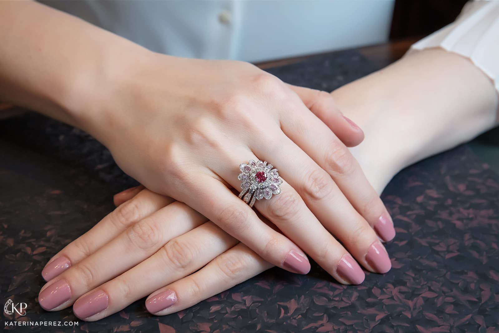  Calleija 'Couture' collection ‘Lady in Red’ ring with 0.54ct Fancy Purplish Red Argyle Tender diamond, Argyle blue and colourless diamonds, and ring jacket with Argyle pink diamonds - both in platinum and rose gold