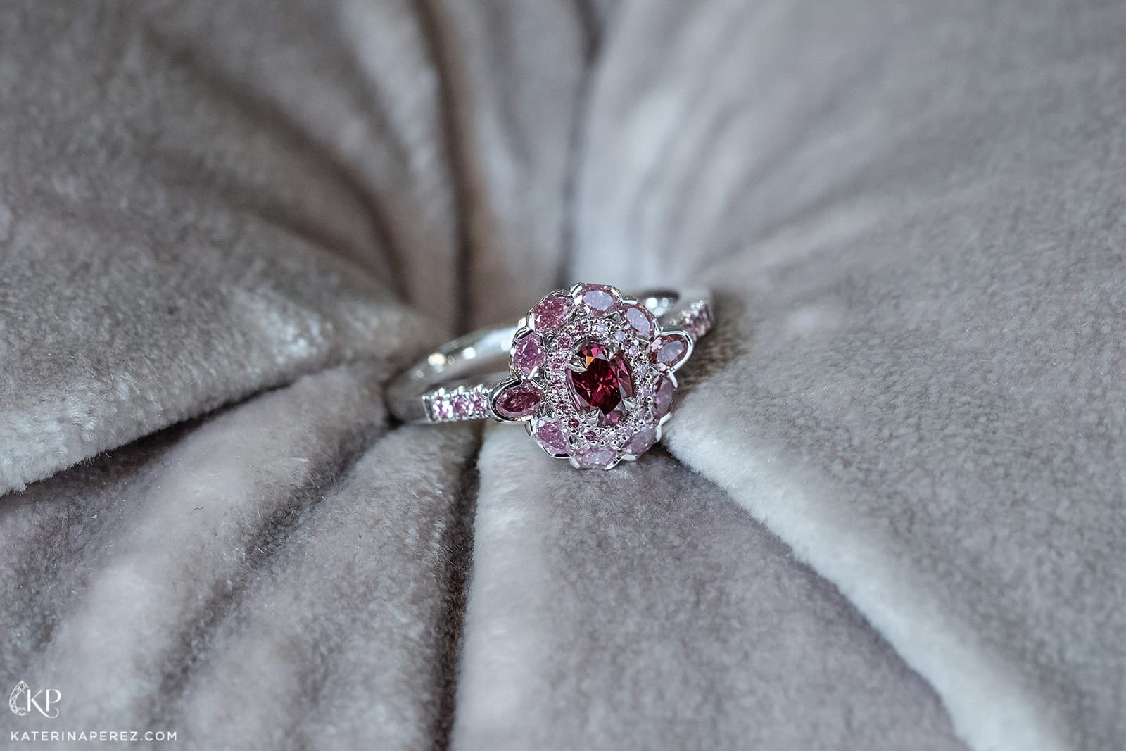 Calleija 'Couture' collection  ‘Carmine’ ring with 0.31ct Australian Argyle Red Tender diamond and Argyle pink diamonds in platinum 