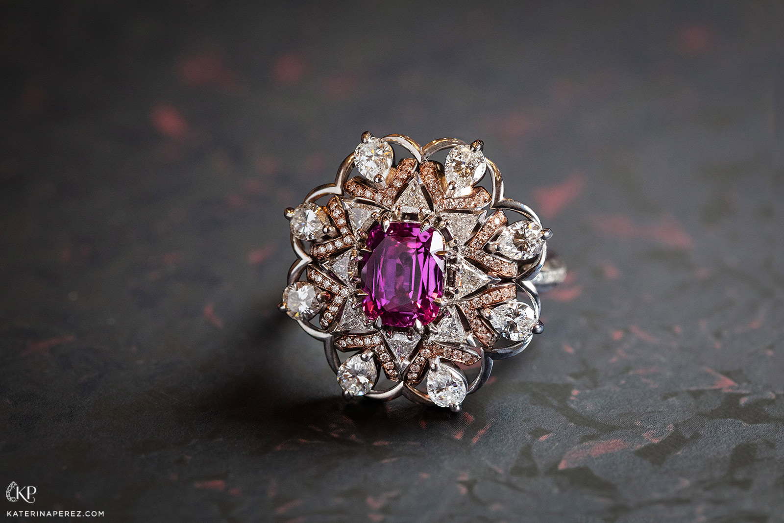 Calleija 'Couture' collection ‘Ciana’ ring with 2.58ct cushion cut pink sapphire and diamonds in yellow and white gold