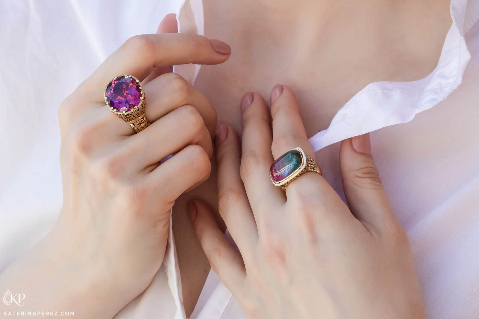 Alex Sepkus rings with rubellite and bi-colour tourmaline, both in yellow gold