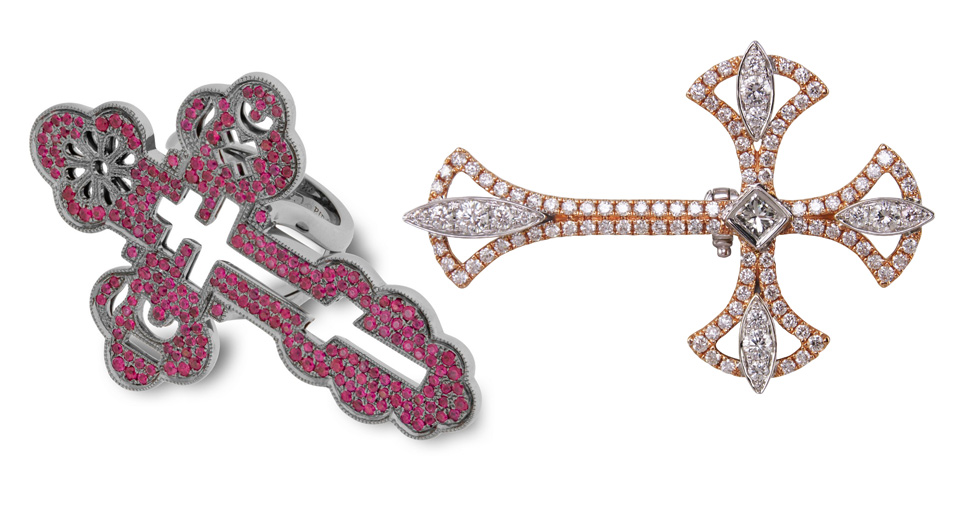 Left: Lydia Courteille cross ring. Right: Plukka diamond ring with a detacheable cross