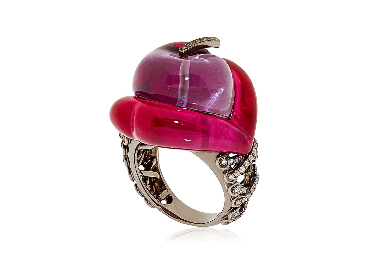 Lydia Courteille ‘Erotic’ ring with amethyst, rubies and brown and colourless diamonds in rhodium plated gold