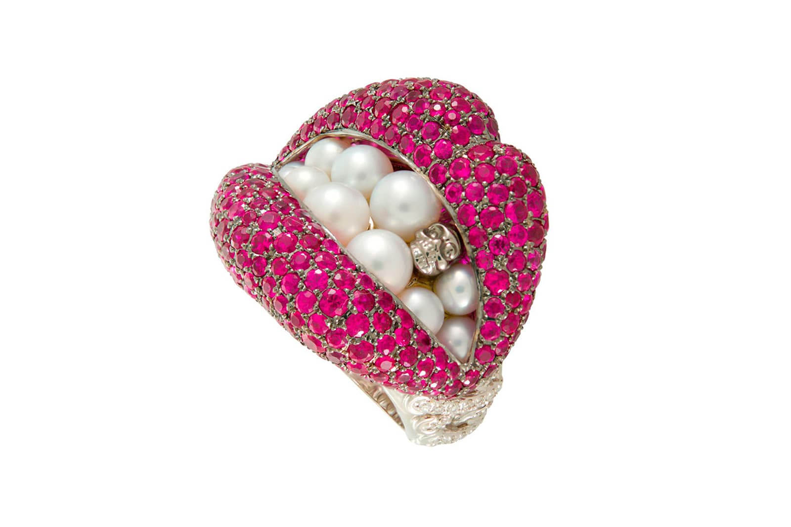  Lydia Courteille ring with rubies, diamonds and pearls in white gold 