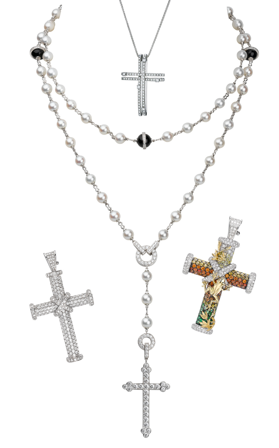 Top: Damiani cross pendant in white gold and diamonds; Cartier necklace with pearls in white gold and diamonds; Theo Fennell cross pendants
