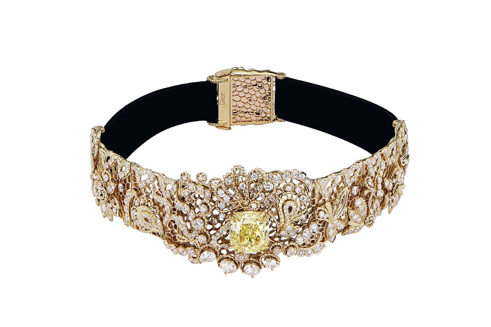 Dior ‘Dentelle Guipure Diamant Jaune’ necklace from 'Dior Dior Dior' collection with diamonds and yellow diamond in yellow and pink gold