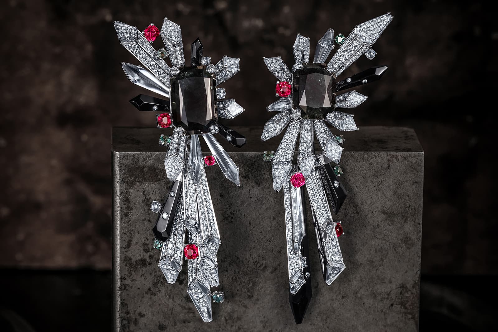 Rubeus 'Imperial' earrings with emerald cut 18.55ct and 11.31ct alexandrites, accenting alexandrites, diamonds, spinels and rock crystal in white gold and titanium