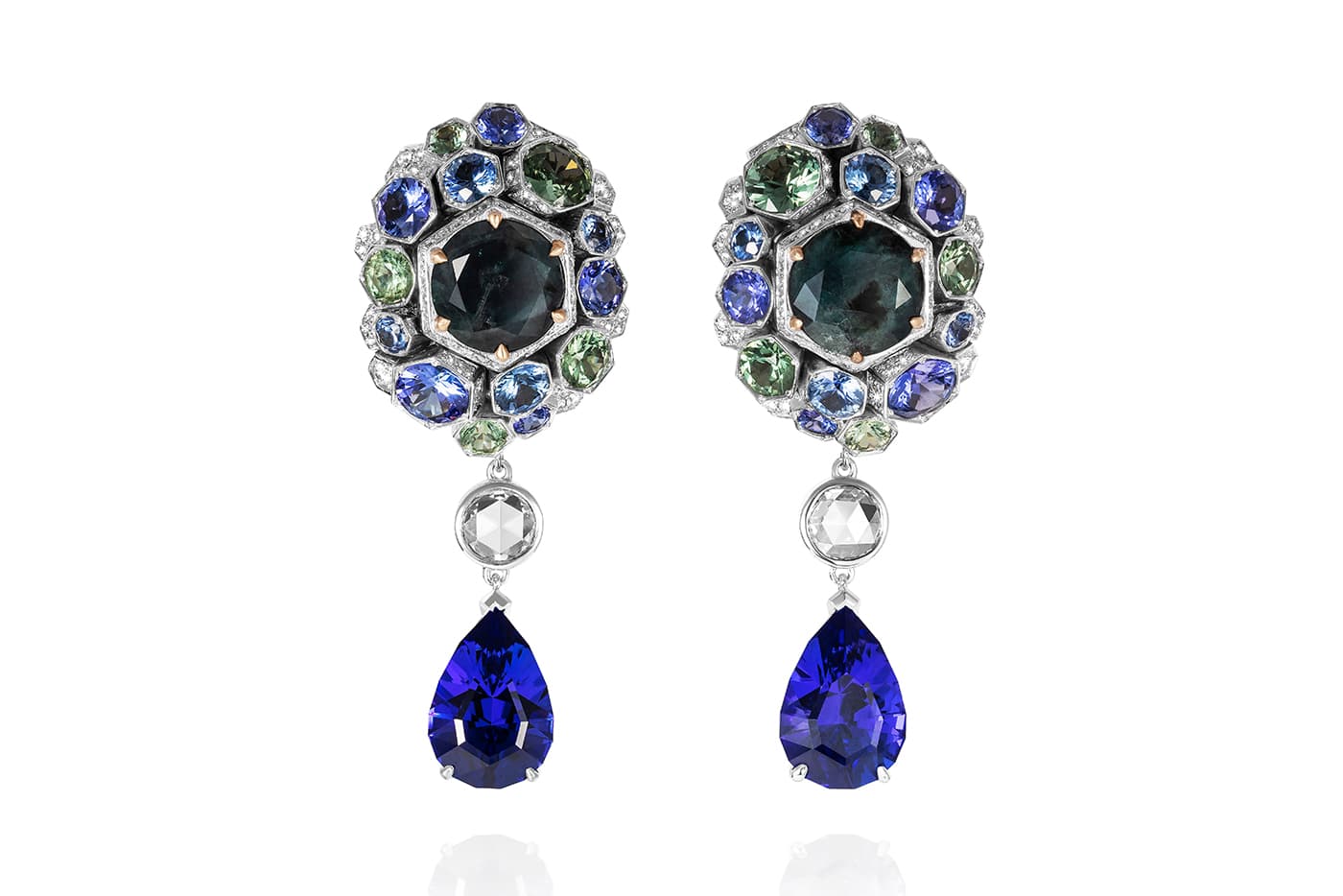  Rubeus drop earrings with cabochon 2.60ct and 2.50ct alexandrites, sapphires, diamonds and tanzanites in white gold