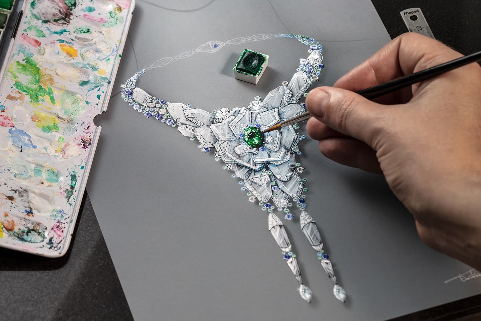 Gouache of Rubeus 'Eternal' transformable necklace by Frédéric Mane