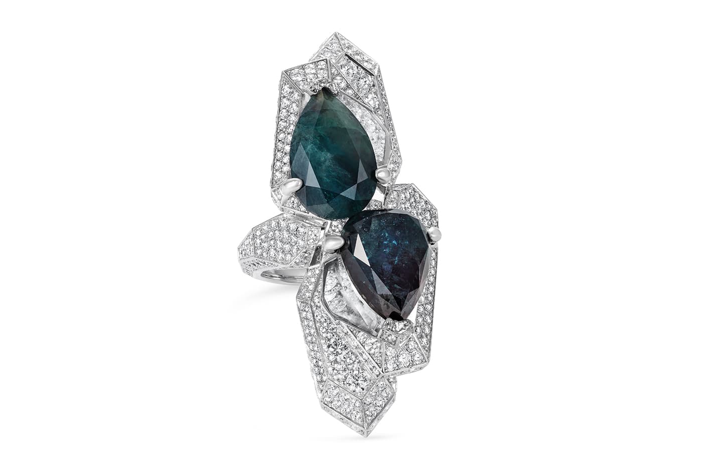  Rubeus 'Toi et Moi' ring with 8.27ct and 5.69ct pear cut alexandrites, diamonds and rock crystal in white gold
