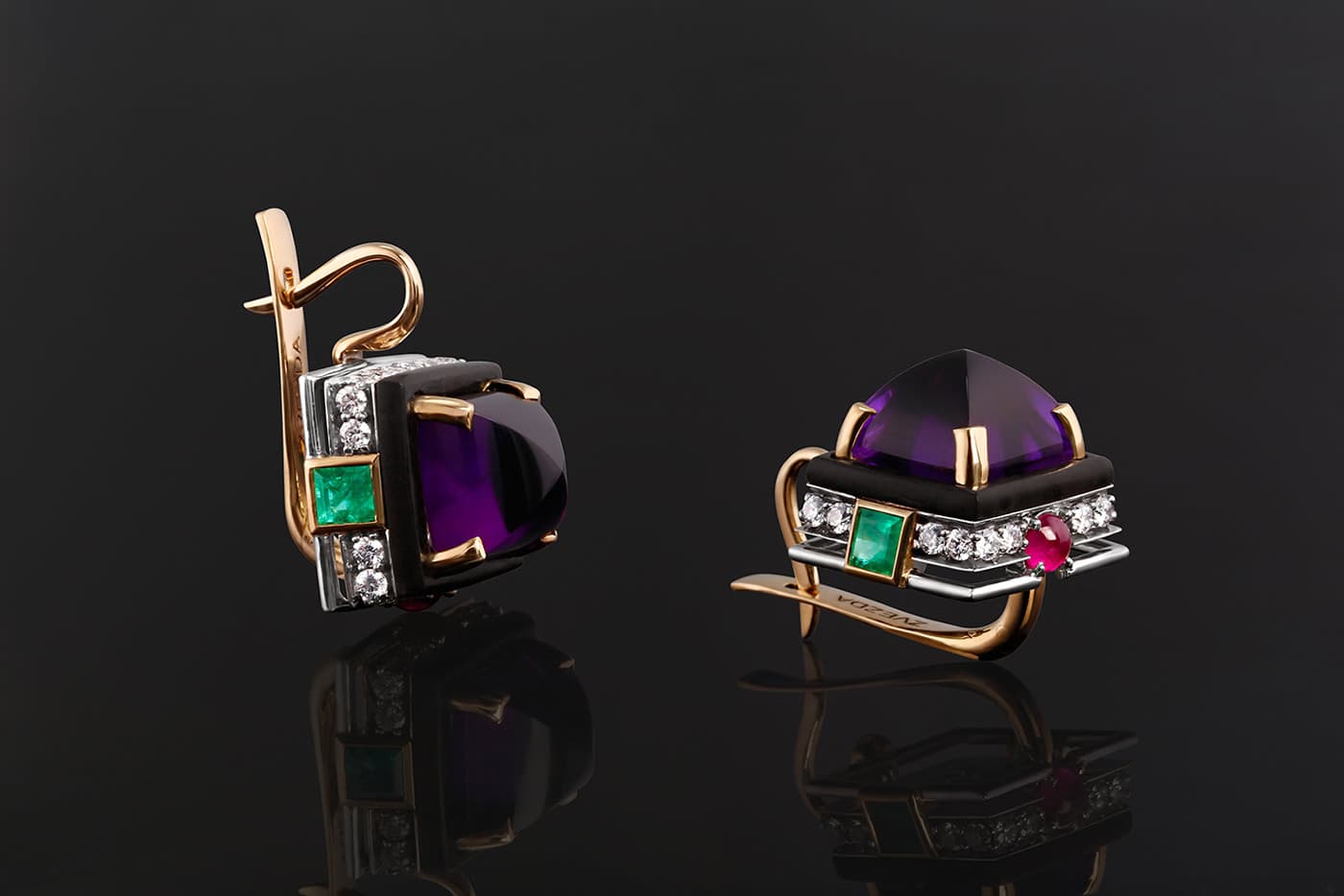 MiLiO earrings in 18K gold with amethysts, emeralds, rubies and diamonds