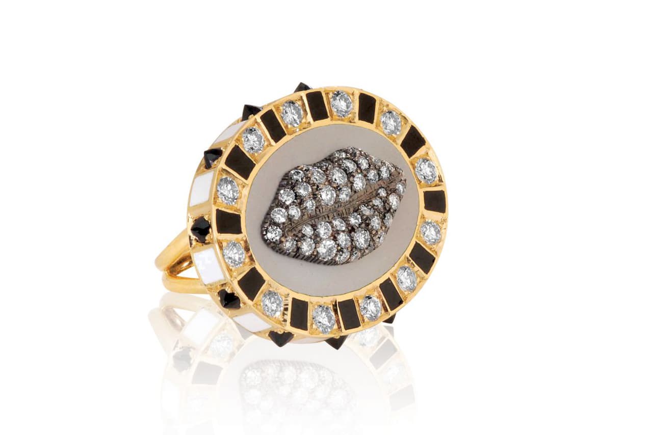 Holly Dуment 'Glam' ring with enamel, diamonds and rubies in yellow gold
