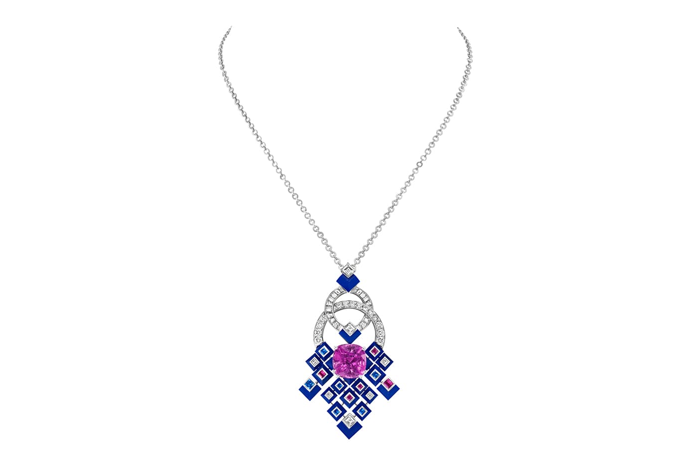  Van Cleef & Arpels 'Matrimonio' transformable necklace from the 'Romeo and Juliet' collection with 13.78ct cushion cut Sri Lankan sapphire, pink and blue sapphires, diamonds and lapis lazuli in white gold