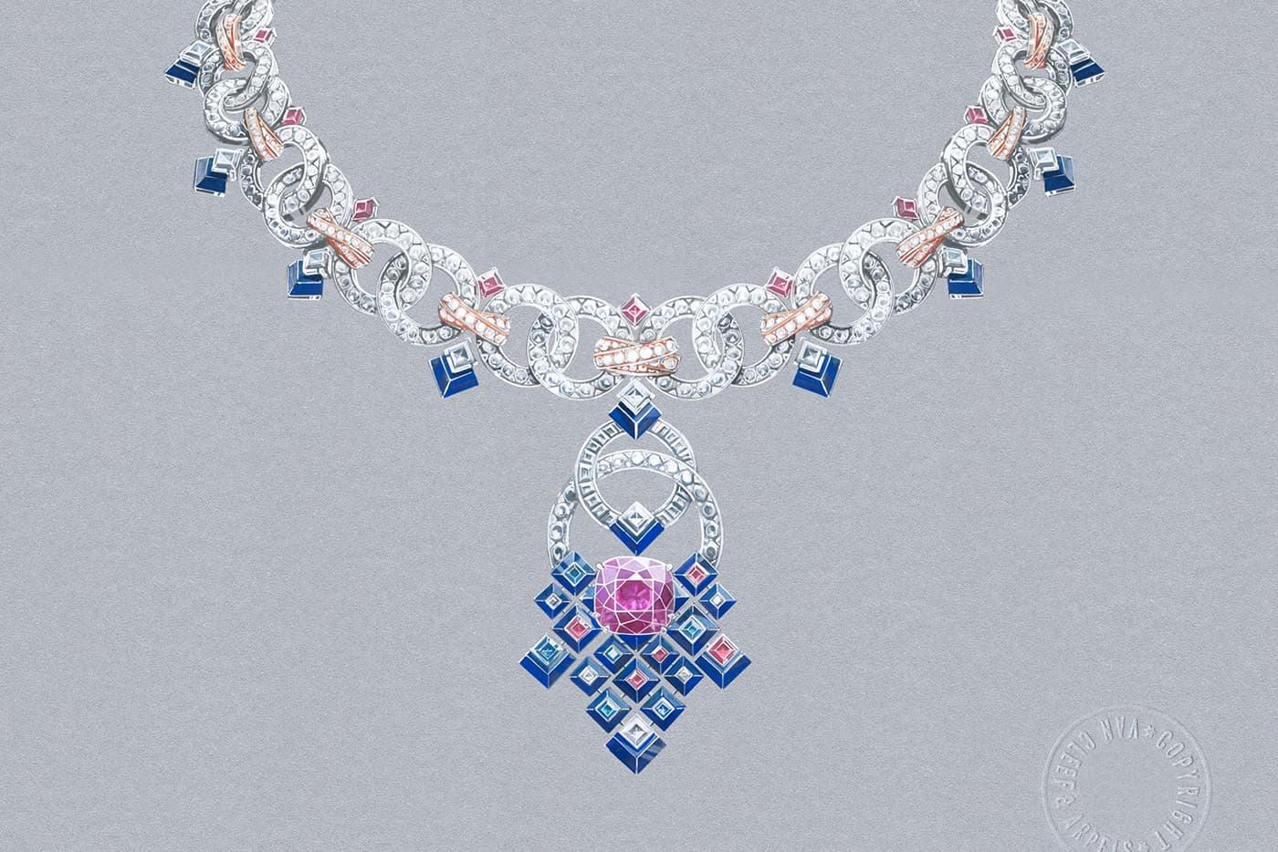 Gouache of Van Cleef & Arpels 'Matrimonio' transformable necklace from the 'Romeo and Juliet' collection 
