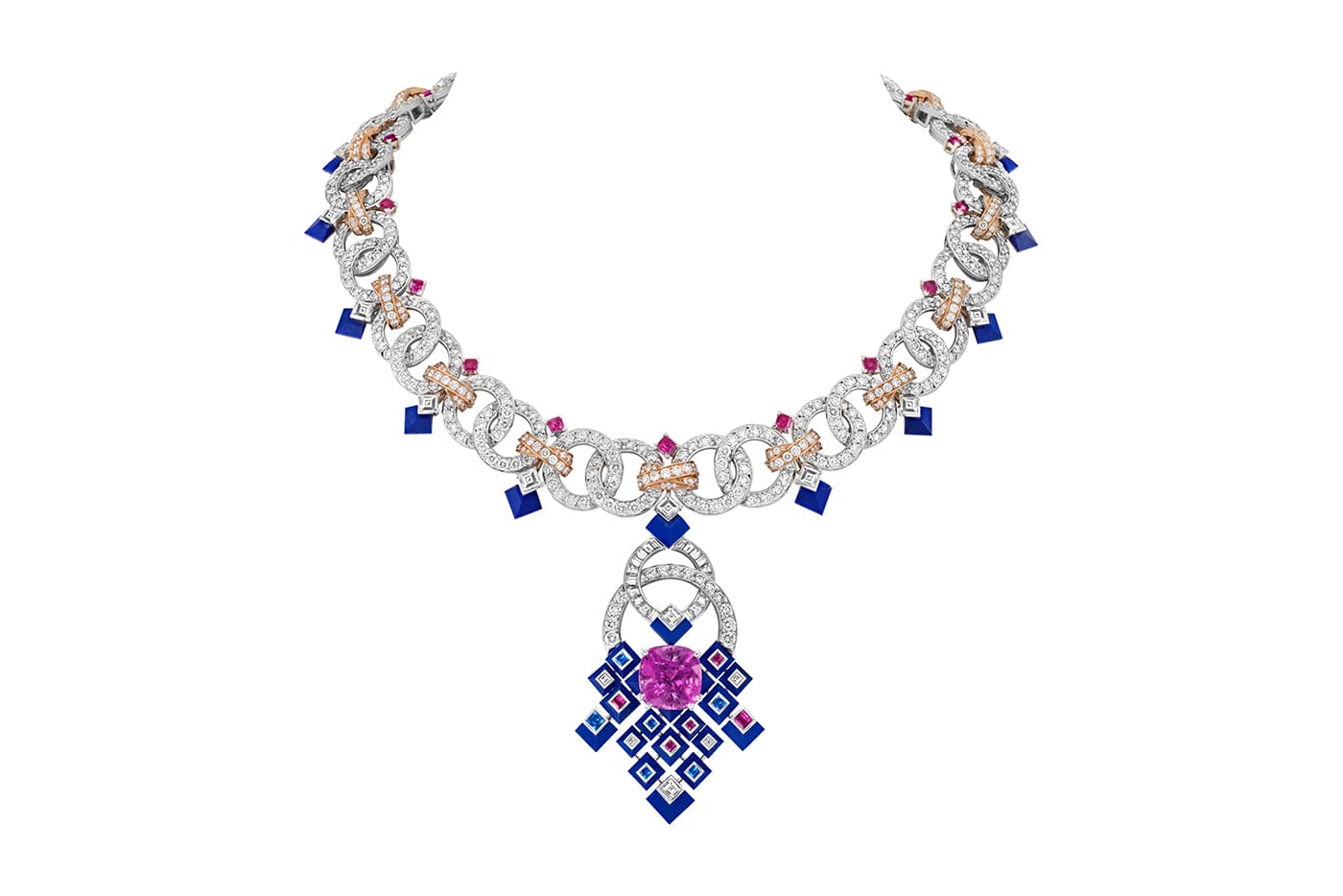  Van Cleef & Arpels 'Matrimonio' transformable necklace from the 'Romeo and Juliet' collection with 13.78ct cushion cut Sri Lankan sapphire, pink and blue sapphires, diamonds and lapis lazuli in white and rose gold
