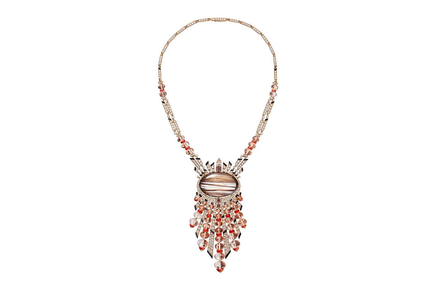  Cartier 'Magnitude' collection 'Aphelie' necklace with rutilated quartz, morganites, onyx, coral and pink and colourless diamonds in yellow gold