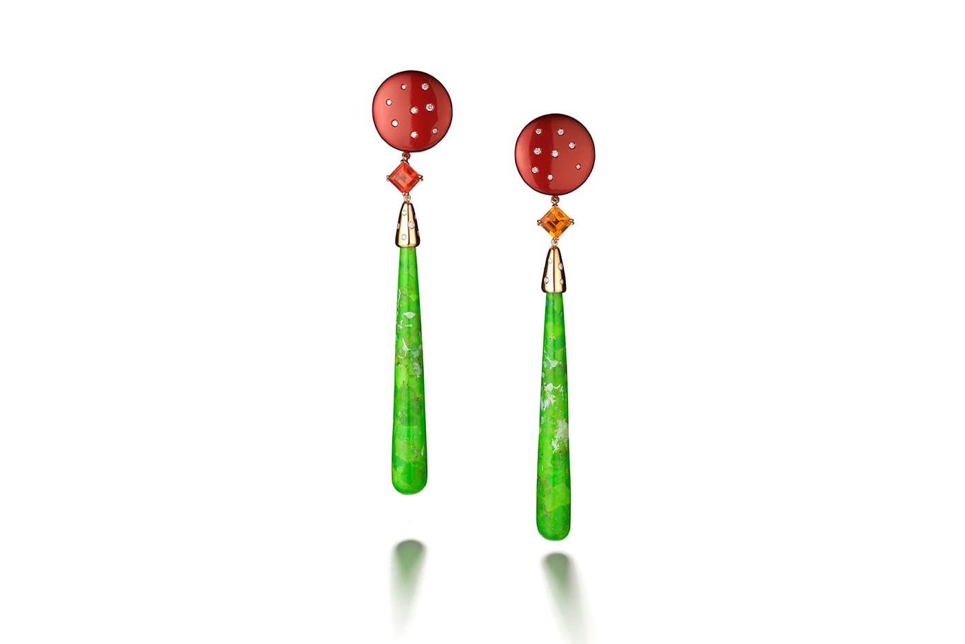  Suzanne Syz earrings with diamonds, fire opals and green turquoise in titanium