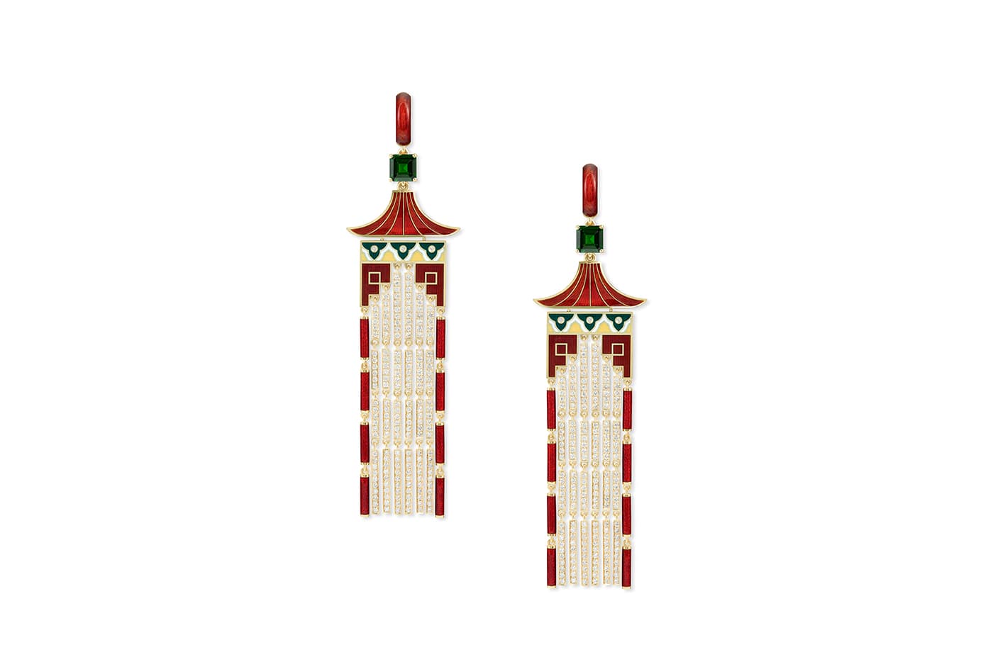  Pagoda earrings from the Mysterious China collection adorned with with enamel and diamonds