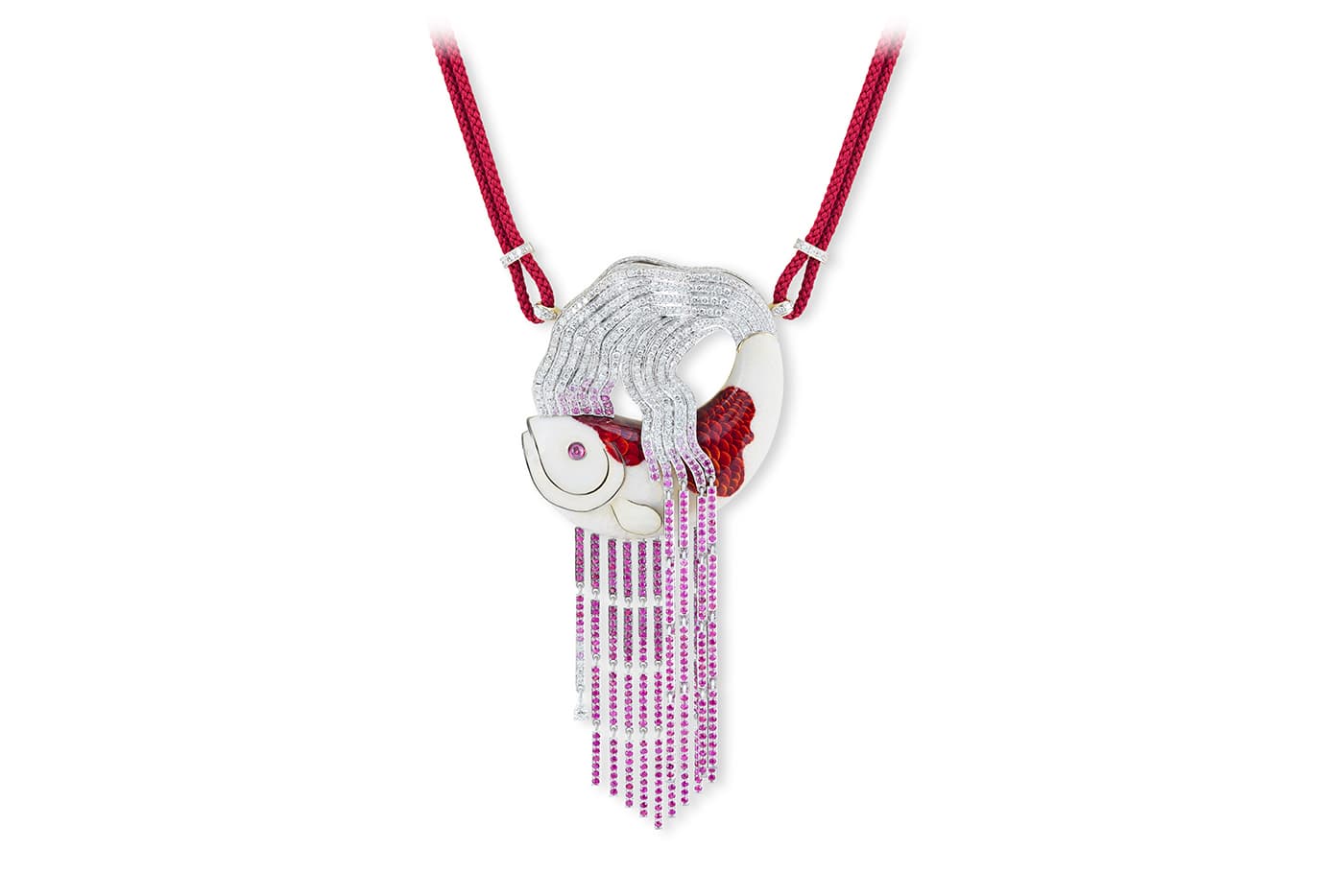 Carpe necklace from the Mysterious China collection embellished with diamonds, pink sapphires and enamel 