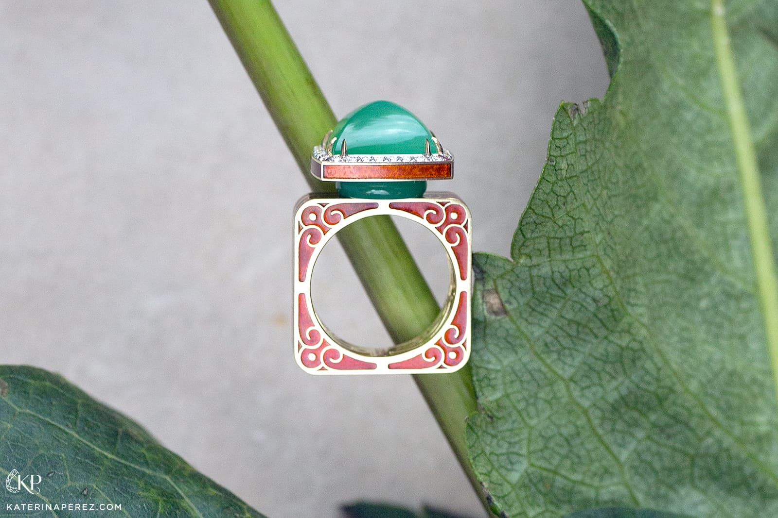 Ilgiz F. 'The temple of the fire dragon' ring with enamel, diamonds and jade in yellow gold. Photo by Isabella Antonio