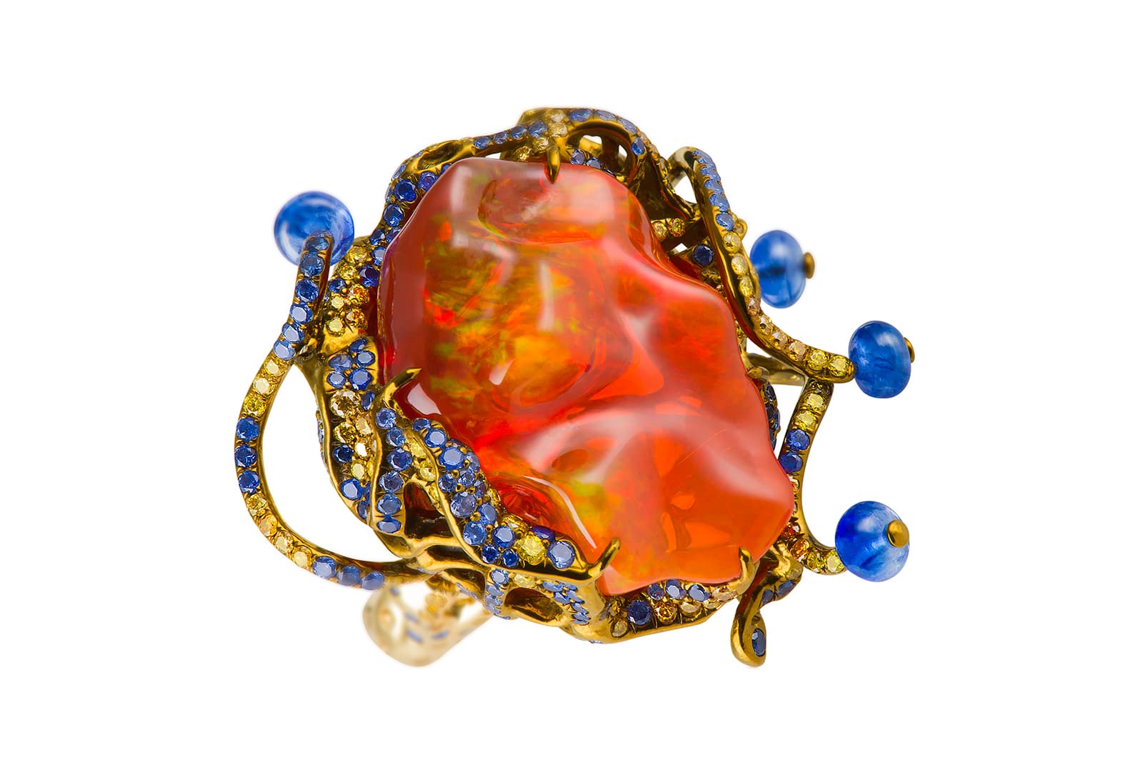 Neha Dani 'Shristi' collection 'Yuvarna' ring with fire opal, sapphires, yellow and orange diamonds in titanium 