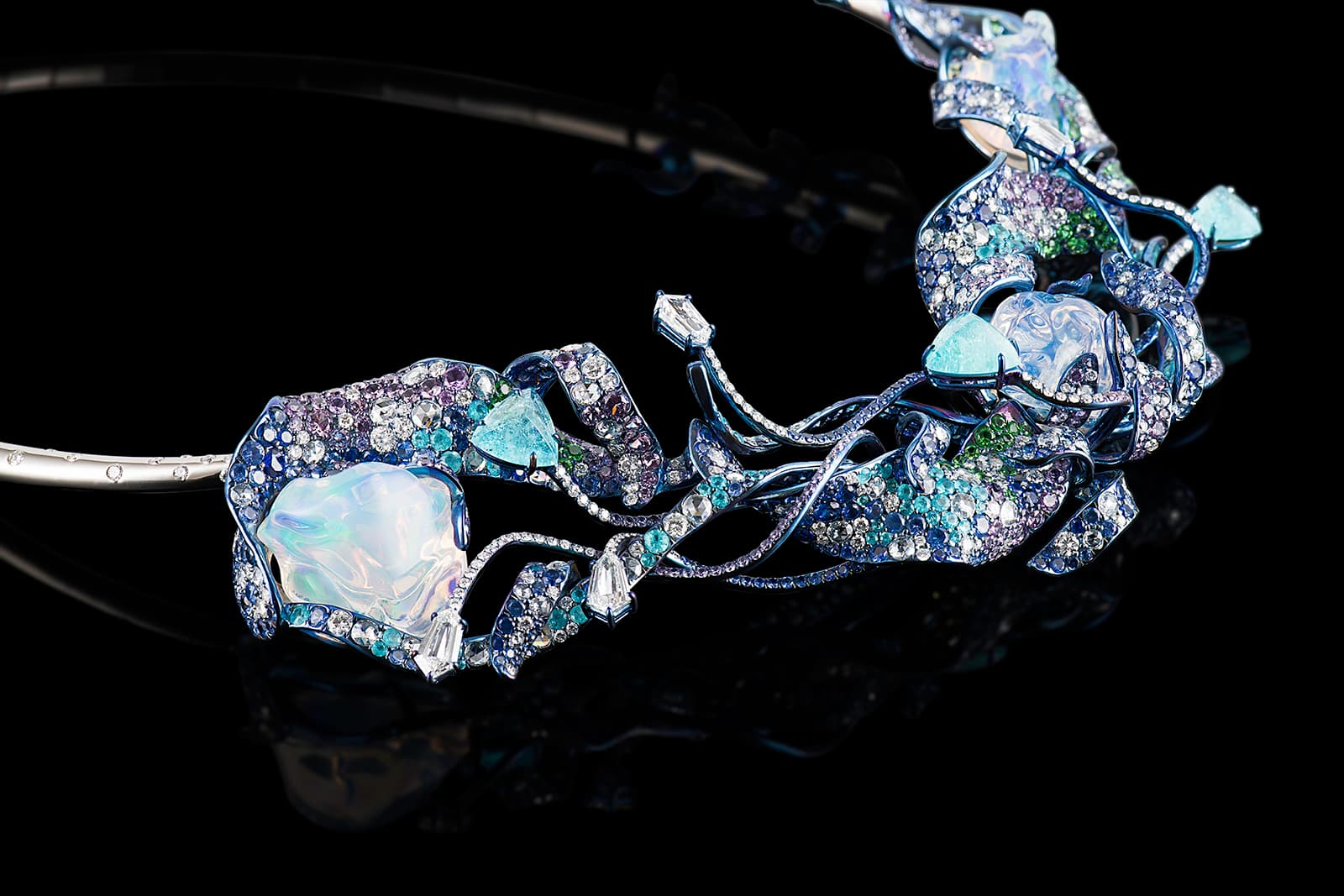 Neha Dani 'Shristi' collection 'Vaneesha' necklace with water opal, diamonds, Paraiba tourmalines, blue and purple sapphires and tsavorite garnets in titanium 