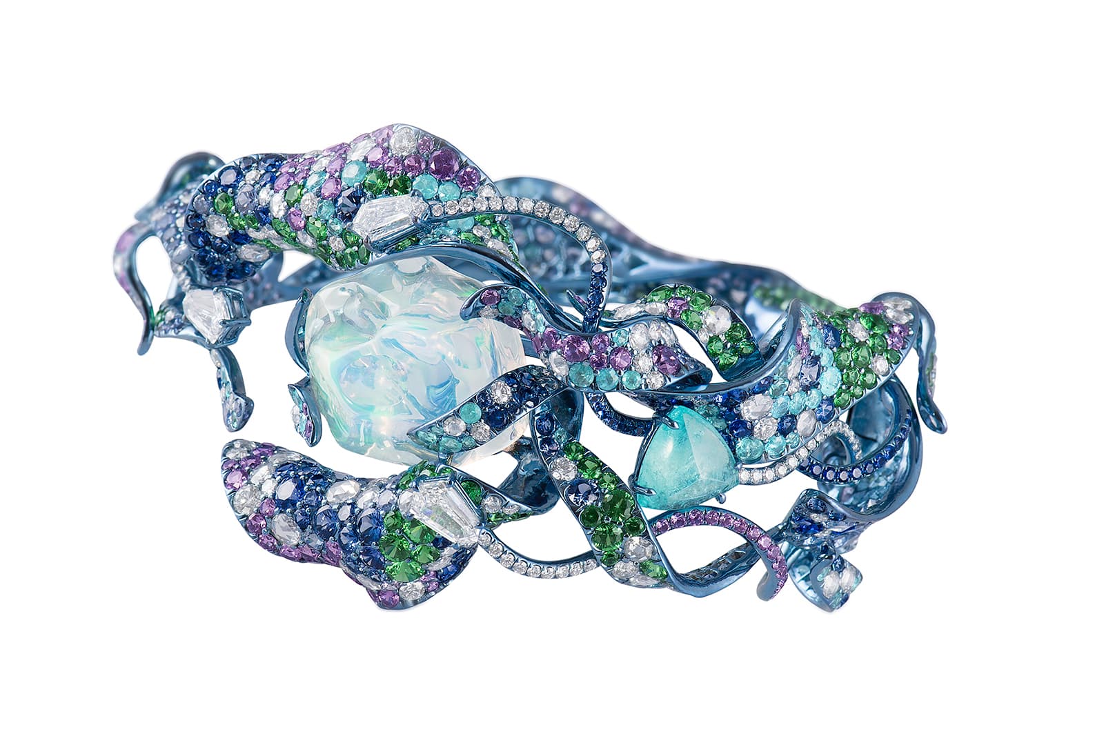 Neha Dani 'Shristi' collection 'Vruta' bracelet with water opal, diamonds, Paraiba tourmalines, blue and purple sapphires and tsavorite garnets in titanium 